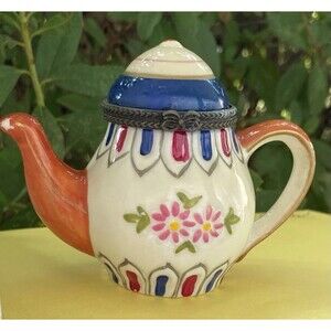 Vintage Mini Teapot Shape Trinket Box Hinge Lid Clasp Whimsical Floral *flaws*